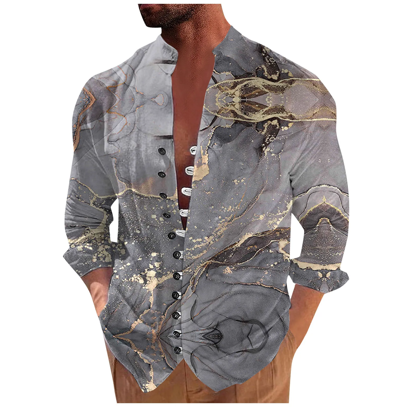 

New Designer Hawaiian Shirts For Men Retro Casual Loose Fitting Long Sleeved Printed Shirt Fashion Standing Collar Top Camisas