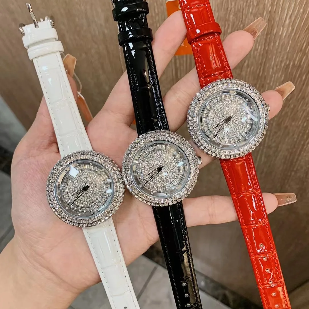 Relógio de Pulso Completo de Zircão e Couro para Mulheres Relógios de Quartzo Impermeável Cristais China Cultural Presentes de Boa Sorte