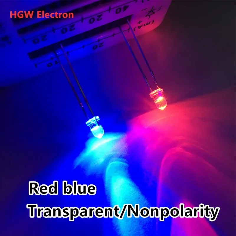 Pack of 100 Dual Color Misty Red/Blue/Green LED Lights - Two-Way Non-Polar 3mm Diodes