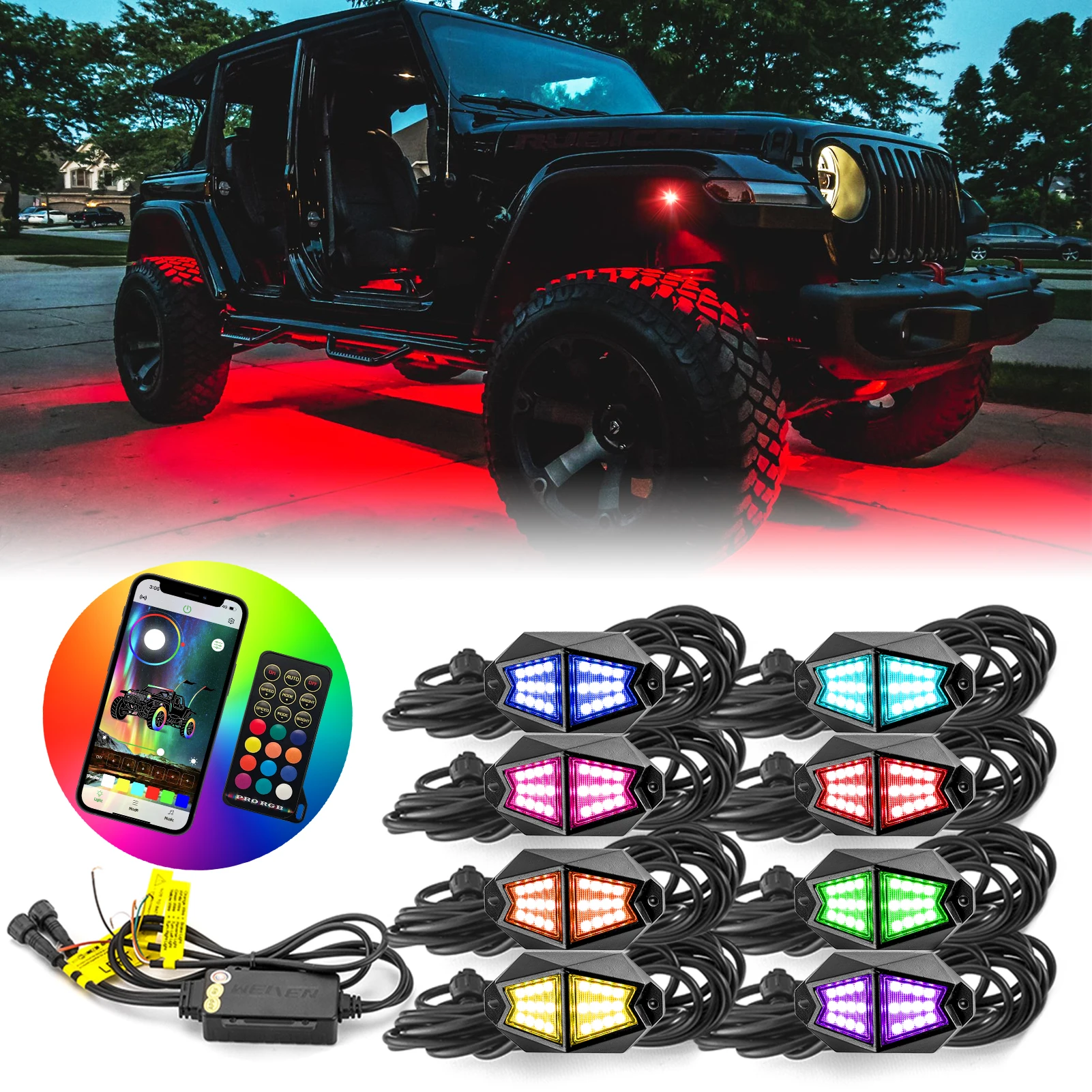 

WEISEN для Polaris RZR XP 1000 8 шт. RGB светодиодный Rock Lights Underbody Music Wireless