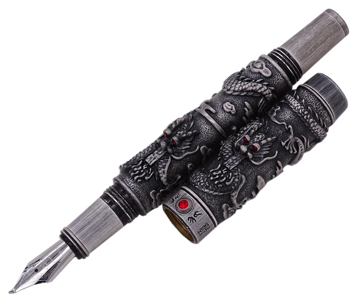Jinhao Vintage Double Dragon Calligraphy Pen Luxury Fountain Pen Bent Nib Metal Carving Embossing Heavy Gift Pen Collection