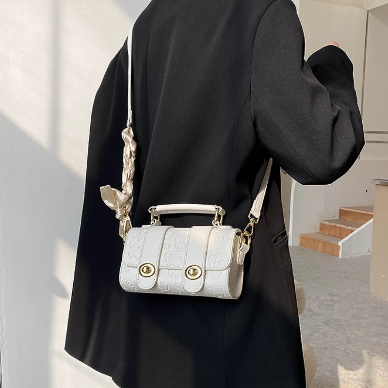 Women PU Handbag 2022 New Embossed Silk Scarf Fashion Shoulder Bucket Bags Trend Diagonal Bag