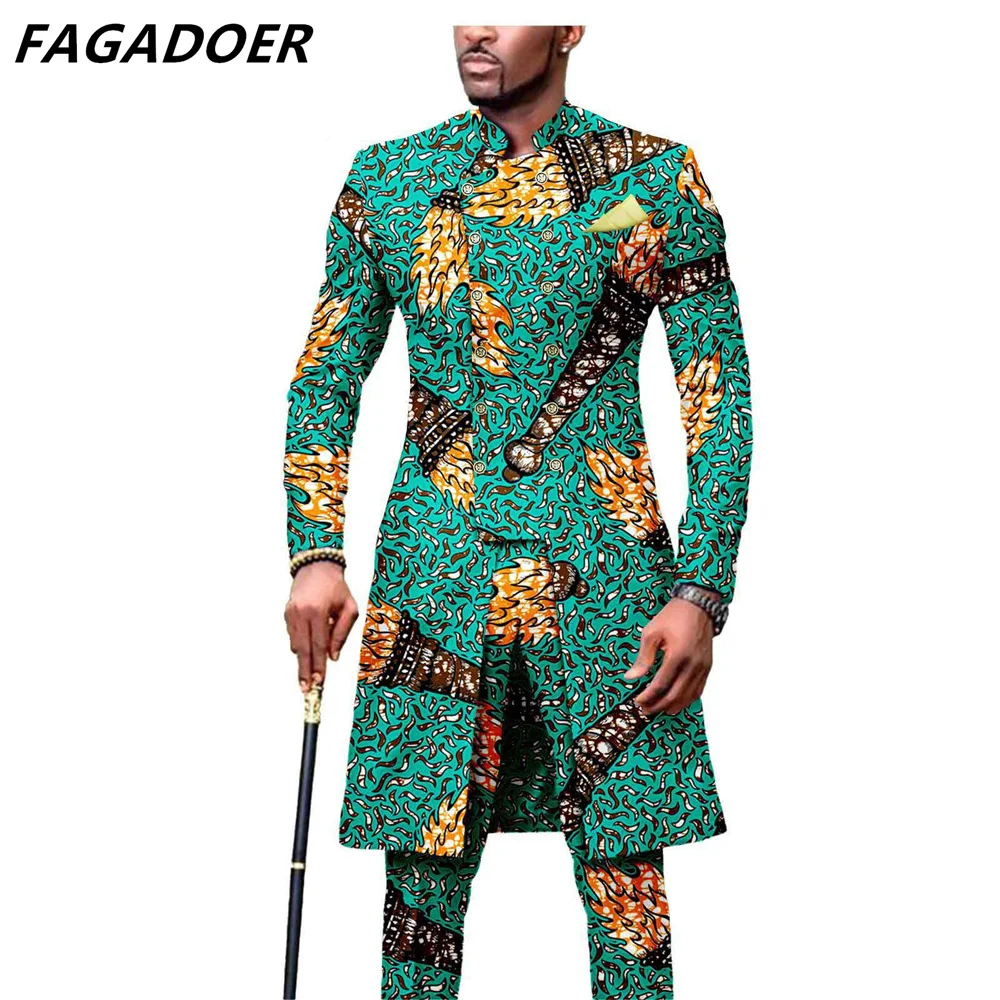 FAGADOER African Clothes for Men Dashiki Long Slim Double Breasted Jackets + Pants Traditional Wedding Occasion Formal Outfits african suits for men single breasted slim fit jackets and pants 2 piece set dashiki clothes for groom wedding evening a2216039