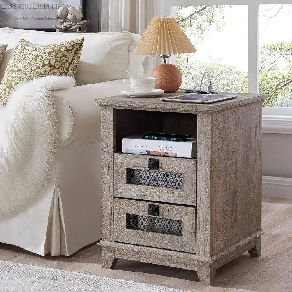 

Bedside table with charging station, 2 drawers and open, rustic mesh drawer sofa side table, with bedroom and storage space