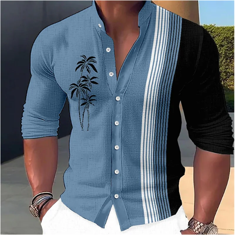 Coconut Tree Print 2024 Men's Shirt Stand Collar Long Sleeve Shirt Outdoor Streetwear Fashion Street Chic Design Casual Jacket