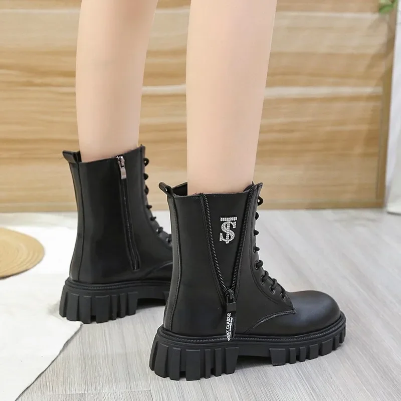 Women's Luxury Pu Leather Combat Short Boots 2023 Autumn Winter Designer Brand Gothic Platform Shoes Lace Up Motorcycle Boots