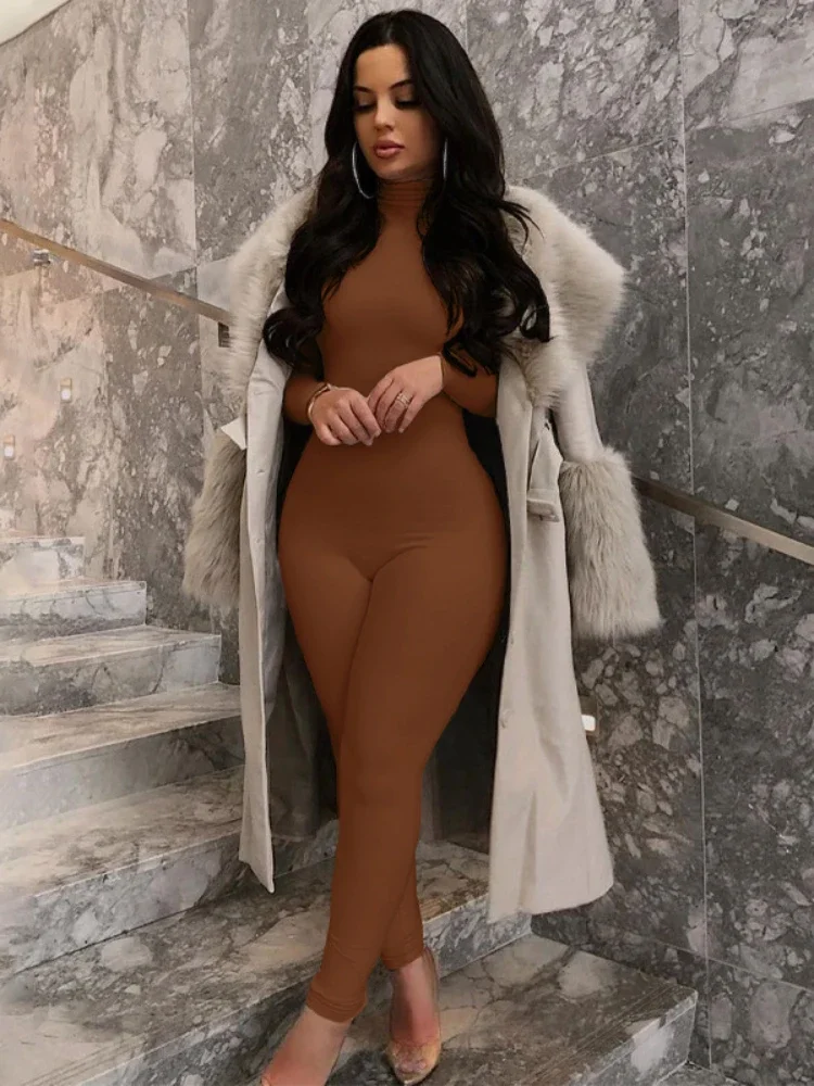 

2023 Long Sleeve Solid Turtleneck Skinny Bodycon Jumpsuit Fashion Fitness Casual One Piece Overalls Plain Color Women Rompers