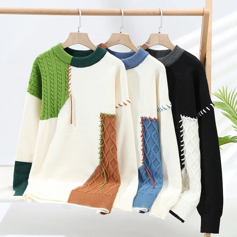 2023 New Patchwork Sweater Trend High Street Fashion Autumn and Winter Warm Men's Top Hip-hop Street Clothing 5