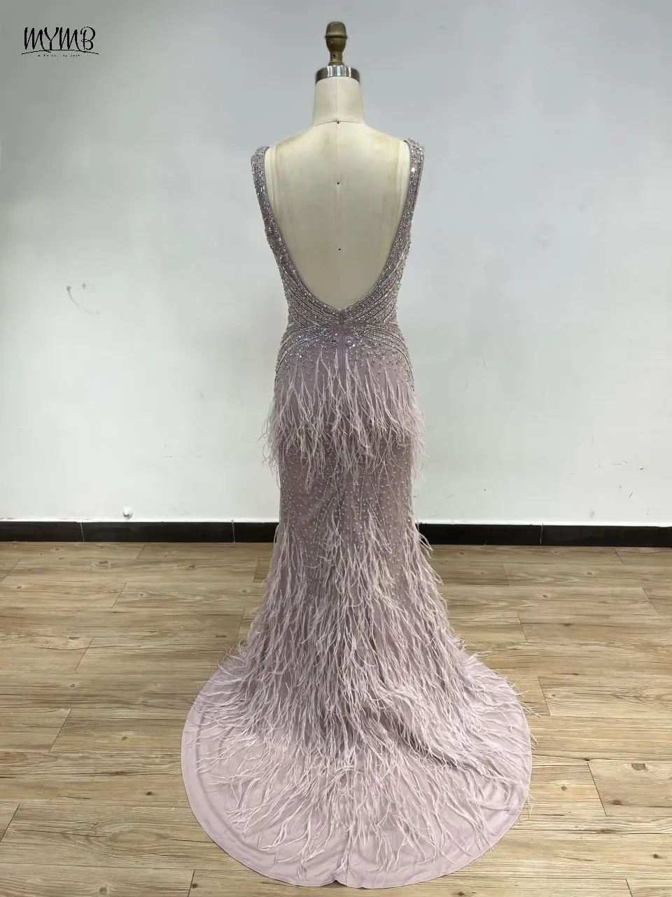MYMB Atemberaubende V-Ausschnitt Perlen Federn Formelle Abschlussball-Hochzeits-Party-Kleider Rosa Sexy High Split Mermaid Abend-Ballkleider DDS041 – Detail 6
