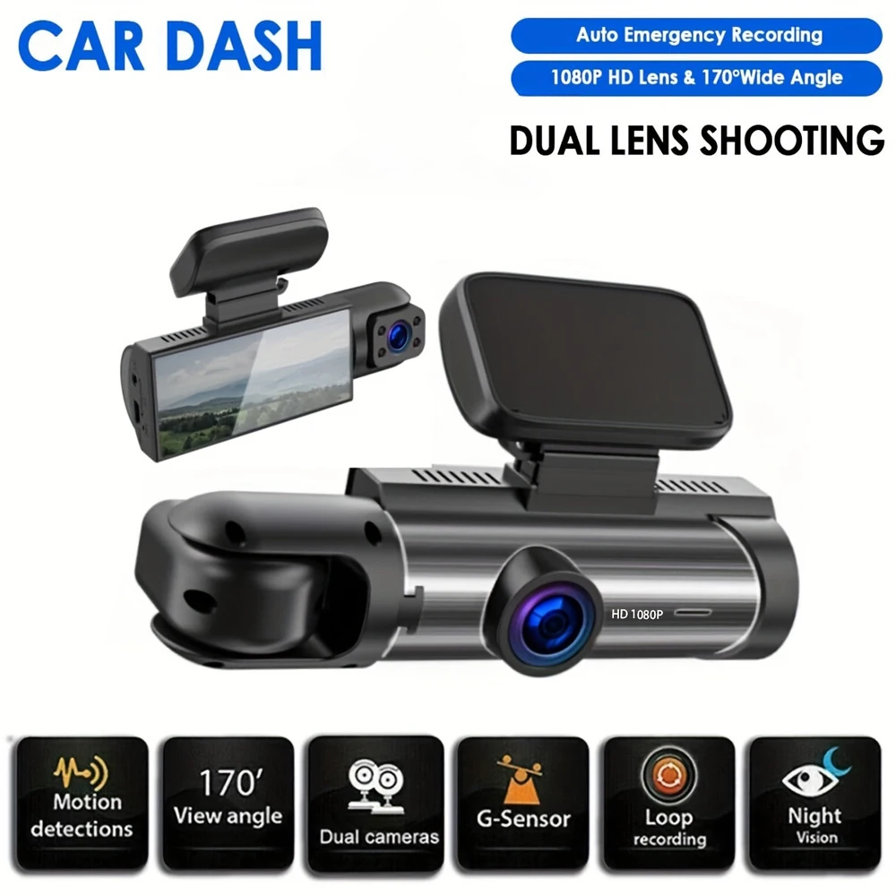 Meterk 1080p DVR Dash Camera Front & Inside & Rear Camera Driving Recorder 2 inch Screen Dashcam Support Night-Vision Loop Recording One-Key Lock