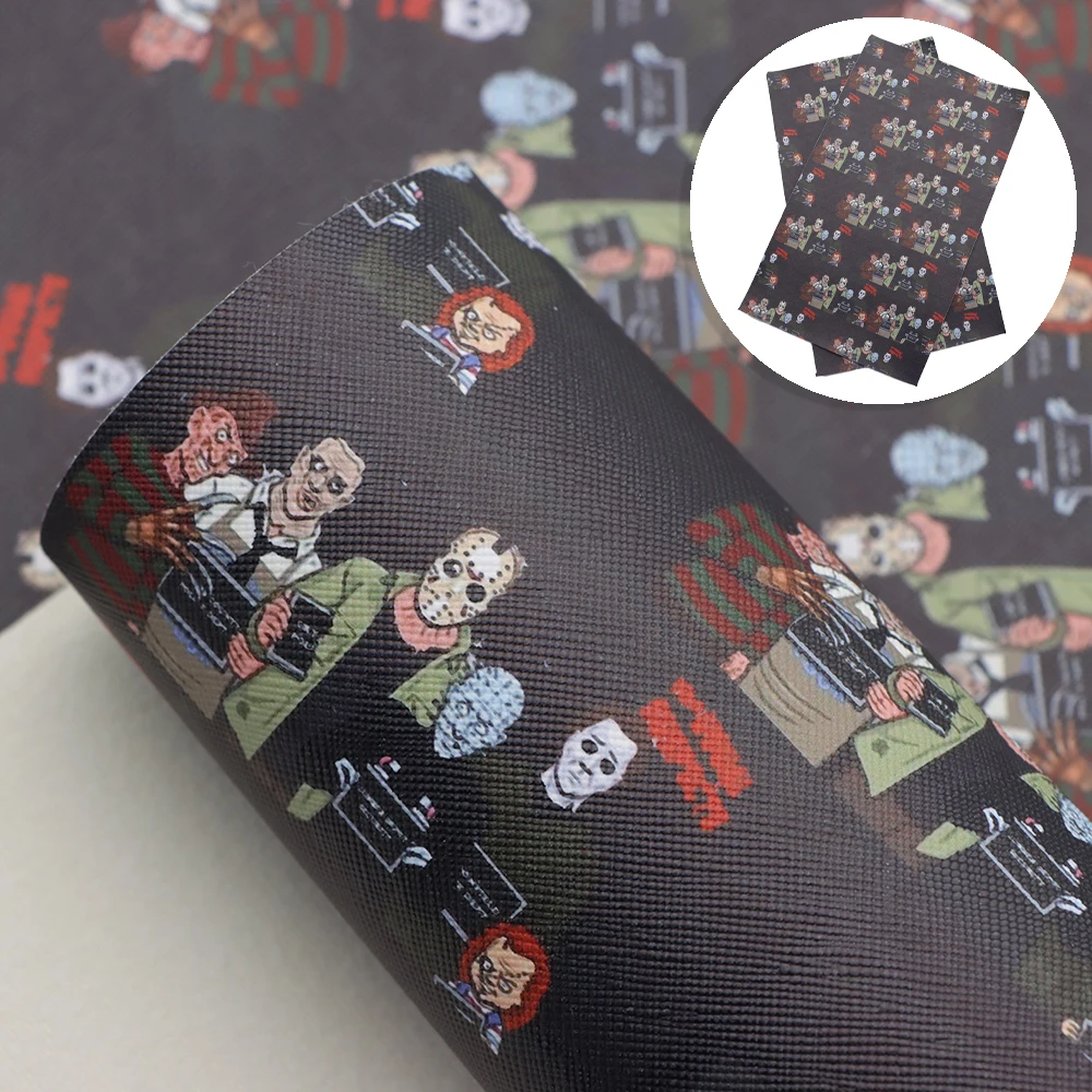 Skull Horror Printed Faux Leather Sheets Halloween Characters Synthetic Leather Fabric Roll for DIY Earrings Hair Bows Crafts
