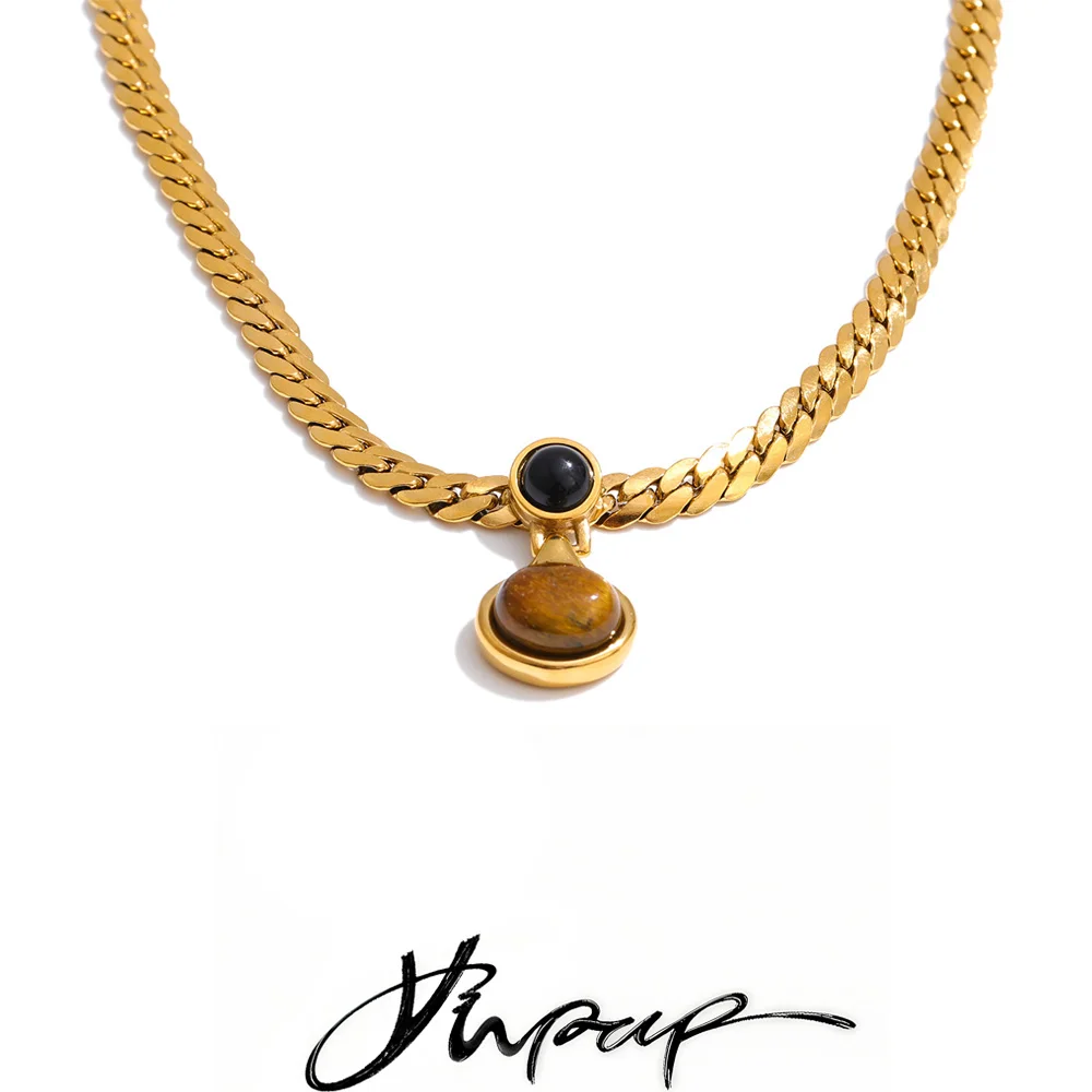Yhpup Golden Chain Tiger Stone Pendant Necklace