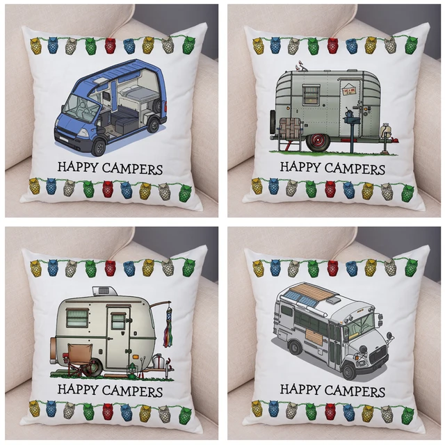  HUYAW Juego de 4 fundas de almohada Happy Camper Camping Life,  regalos de campamento para hombres y mujeres, camper vintage, tablero de  madera, fundas de almohada de 18 x 18 pulgadas