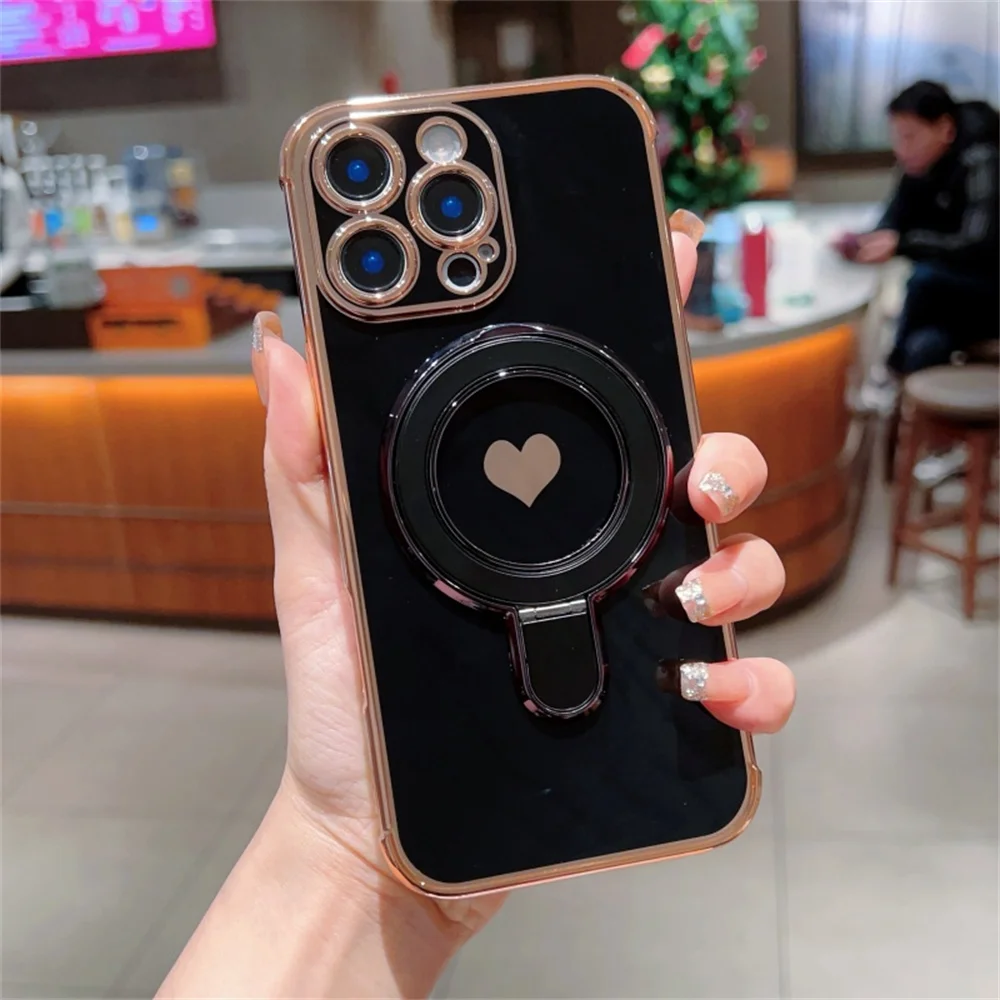 Magnetic Love Heart Stand Holder Phone Case with Plating