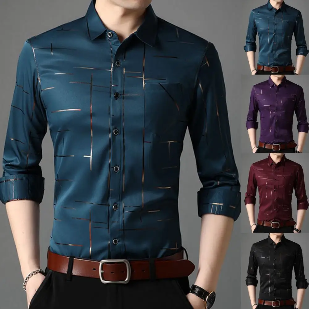 

Single-breasted Long Sleeve Turn Down Collar Shirt Men Top Stripes Business Top