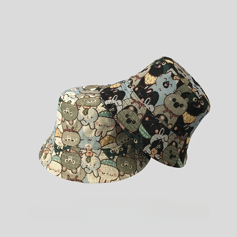 

Female Spring Autumn Cartoon Bears Wear Bucket Cap Both Sides Sunscreen Sun Fisherman's Cap Fashion Versatile Summer Men Pot Hat