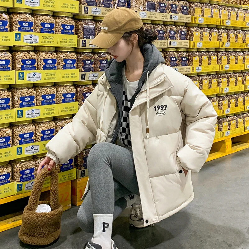 

Real 2023 New Short Down Jacket Fake Two Thick Baggy Bread Coat Women