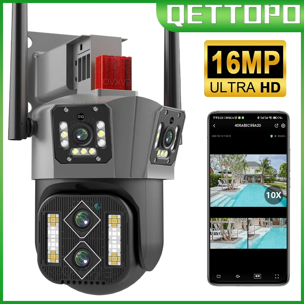 

Qettopo 8K 16MP Four Lens WIFI PTZ Camera 4K Three Screen Outdoor AI Human Auto Tracking Security CCTV Surveillance Cameras