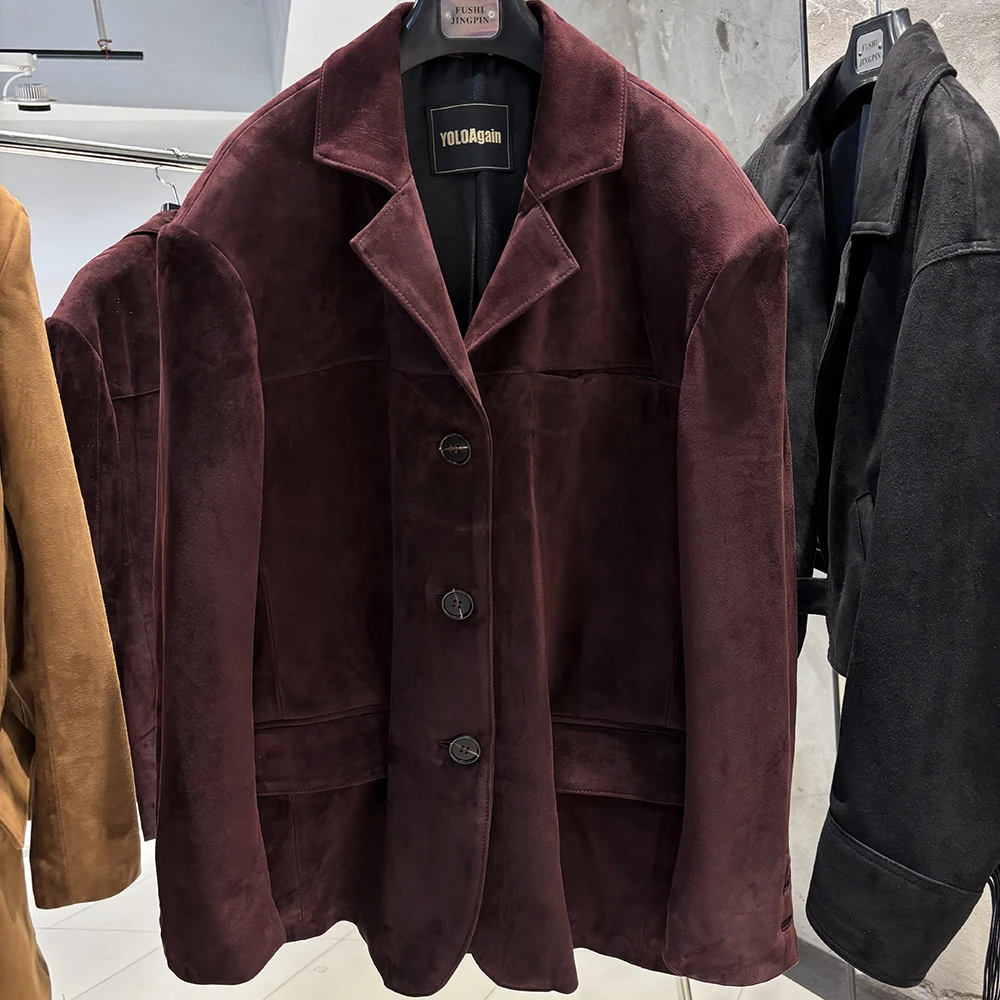 YOLOAgain Women's Oversized Suede Leather Blazer Single Breasted Real Leather Jacket Female 2025 Spring
