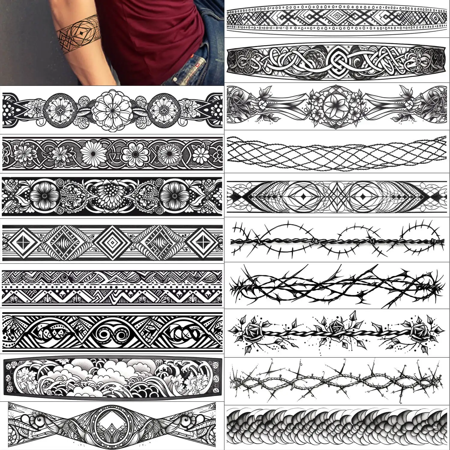 

GLARYYEARS Arm Band Temporary Tattoo - 18 Pack Super Long size, Realistic & Boho Style Fake Tattoos, Long Lasting ArmBand Tribe