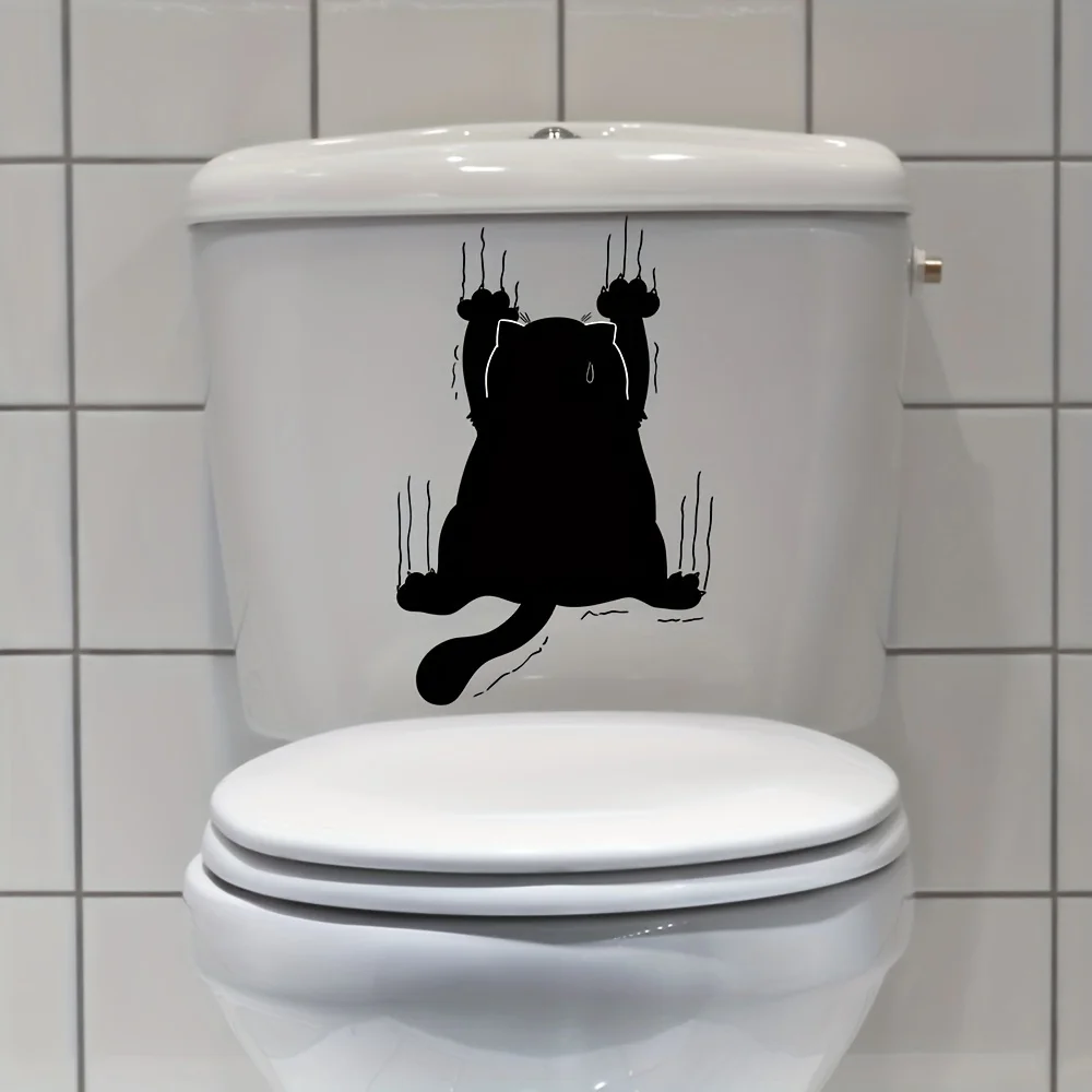 Lucky Cat Funny Black Cat Scratches Toilet Stickers Decorative Bathroom Decals Wall Stickers Self Adhesive Waterproof Home Decor toilet stickers toilet wall stickers toilet seat stickers