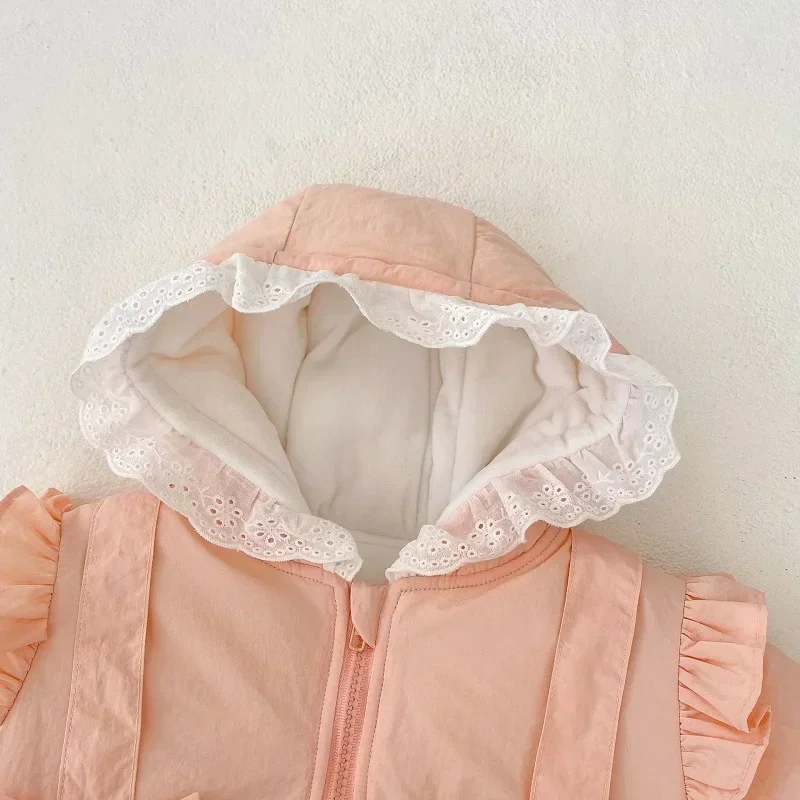 Princess Baby Girl Snow Wear 0-3Years Newborn Kids Solid Pink Long Sleeve Zipper Hooded Fleece Thicken Down Coat Outwear Clothes
