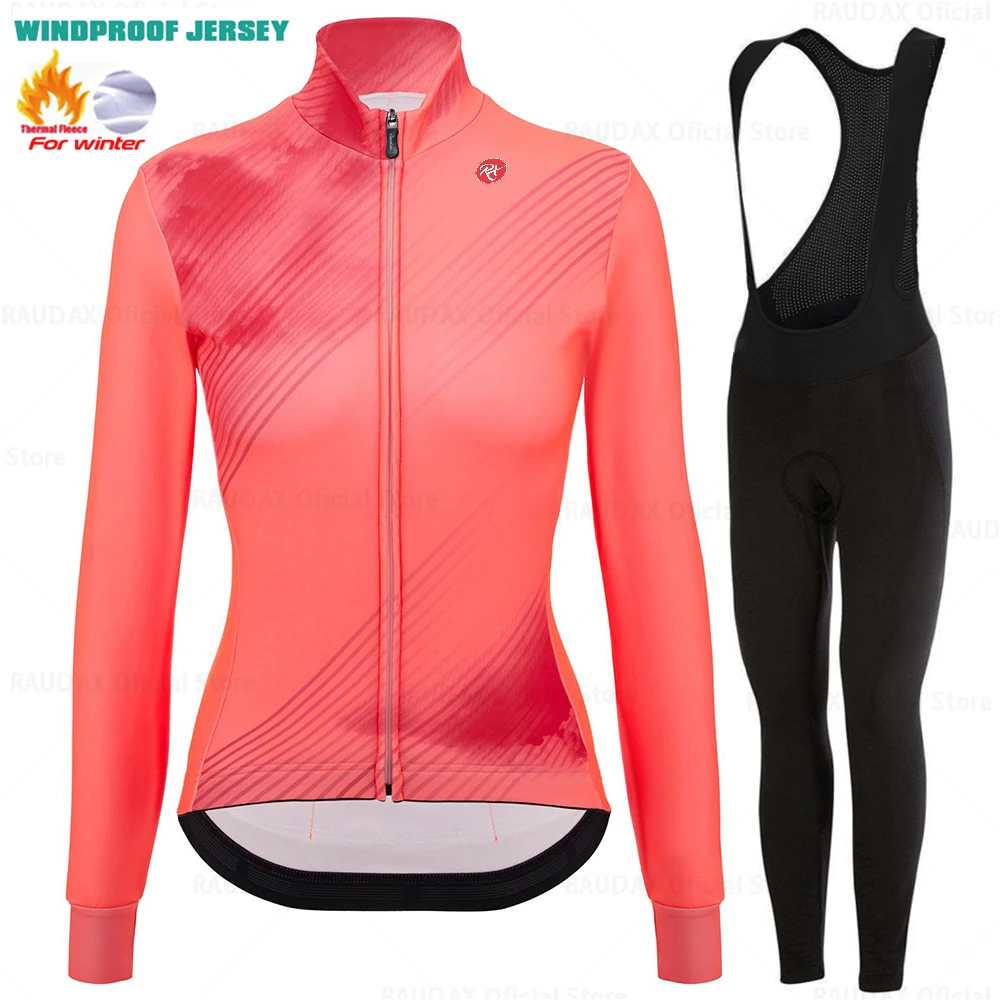 2025 Raudax Women Long Sleeve Jersey Pure Dye Coral Winter Cycling Clothing Outdoor Riding MTB Ropa Ciclismo Velveteen Bike Set 3
