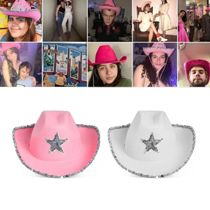 Felt Cowboy Hat Western Cowgirl Hat Costume Glitter Hats Cap for Kids Boys Girls