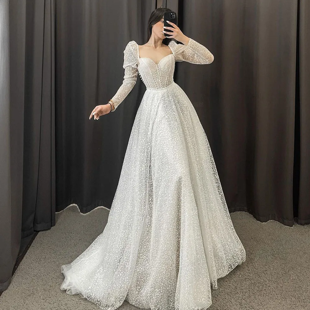 

Sparkle Tulle Wedding Dresses 2023 Women Sweetheart Full Sleeves Sexy Bride Dress A-Line Zipper Pearls Custom Occasion Gowns