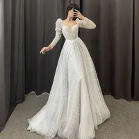 Sparkle Tulle Wedding Dresses 2023 Women Sweetheart Full Sleeves Sexy Bride Dress A-Line Zipper Pearls Custom Occasion Gowns 1