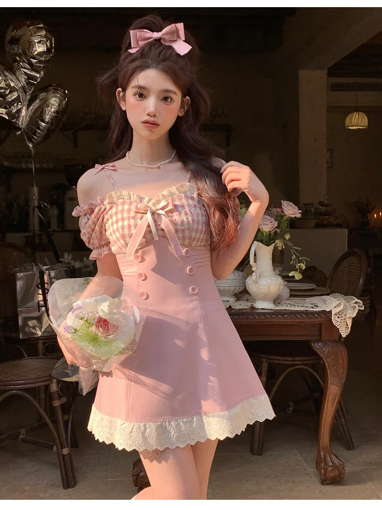 

Sweet Pink Plaid Bow Princess Mini Dress Women 2023 Summer Sexy Slim Slash Neck Lace Ruffle Kawaii Y2k Lolita Female Clothing