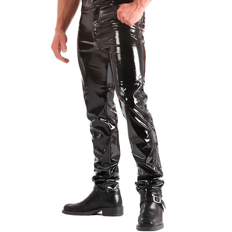 Latex Mens Pants Shiny Wet Look PU Leather Pants Fashion Tight Trousers for Club Stage Show Rock Band Performance