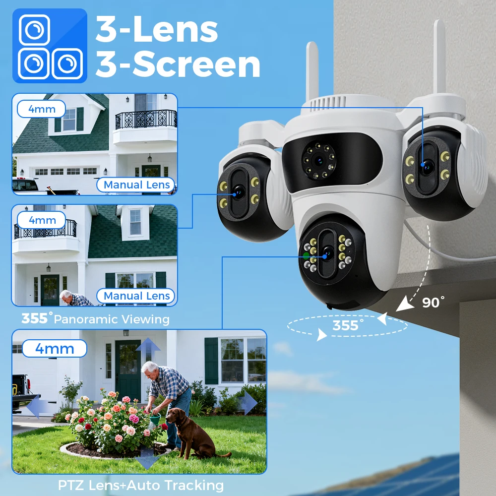 Hiseeu IP Camera Three Lens 4x Zoom WiFi PTZ Camera Outdoor Waterproof 3MP Auto Tracking CCTV Security Surveillance Cam iCsee 5