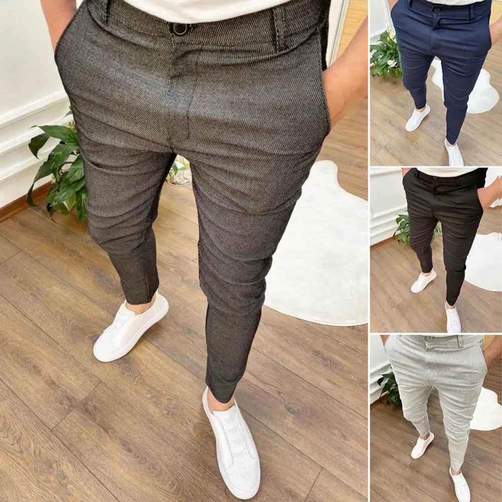 Pantalones de lápiz con cremallera para hombre, traje de cintura media de Color  sólido, ropa de calle ajustada, pantalones elásticos para hombre -  AliExpress