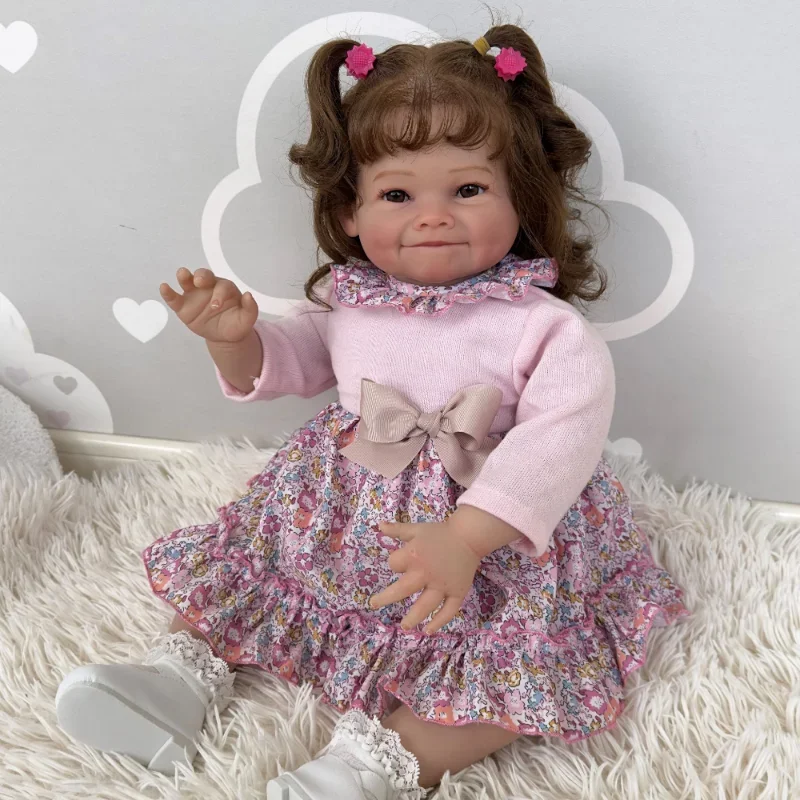 24inch Reborn Baby Toddler Girl Smiling Face Soft Cloth Body Doll Hand Painted Doll Visible Veins Silicone Baby Doll Muñeca