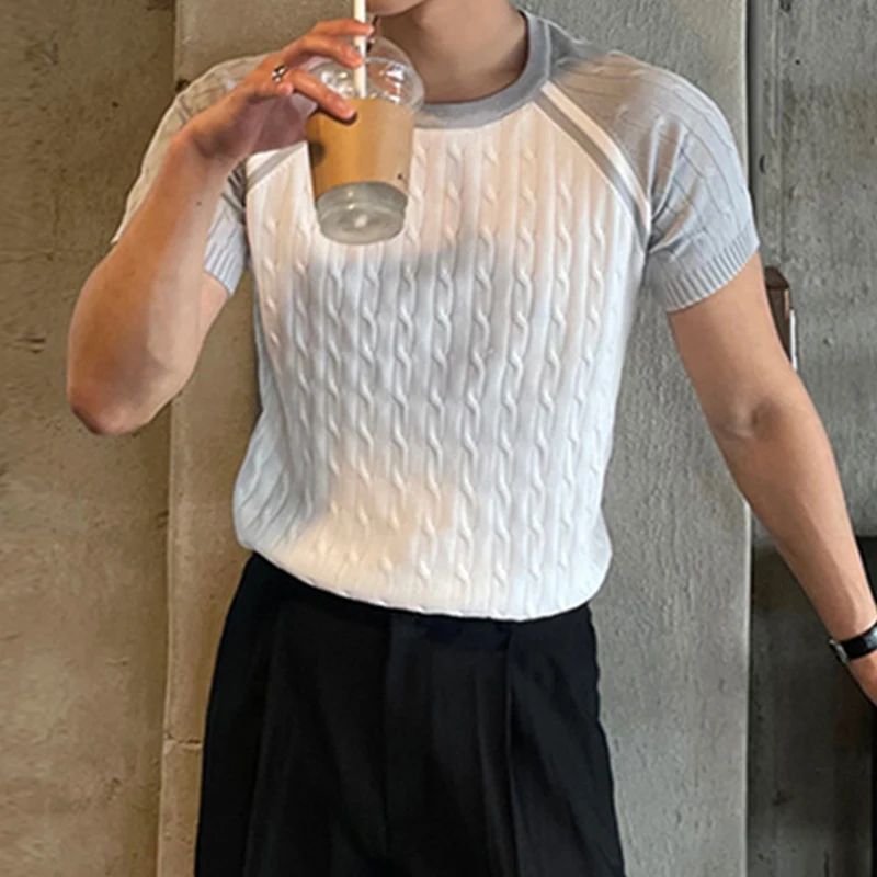 남성용 빈티지 슬림핏 O넥 반팔 패치워크 니트 티셔츠, 캐주얼 통기성 뜨게 상의, 여름 신상