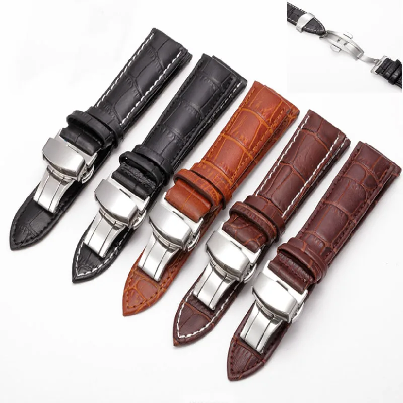 Genuine Leather Watch Bracelet with Stainless Steel Butterfly Buckle