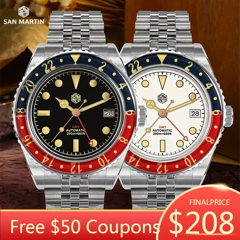 San Martin Sn0005 Nh34 40Mm Gmt Luxury Sports Style Full Luminoso Bidirezionale Zaffiro Lunetta Orologio Meccanico Automatico 20 Bar