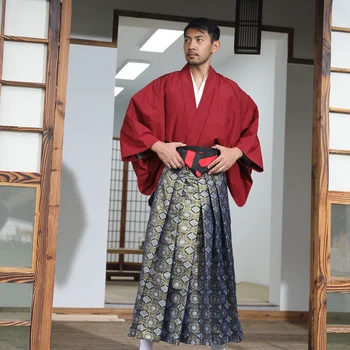 Japanese Men Samurai Kimono Suit Tradition Hangdeng Hakama Include Tops Skirt Belt