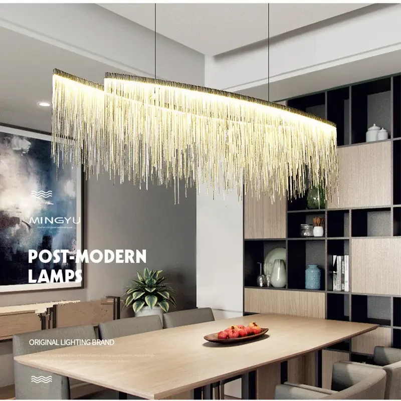 

Long Modern Copper Chain Hanging Ceiling Pendant Lighting Modern LED Silver Lamps Tassel Dining Table Kitchen Chandelier 3 Color