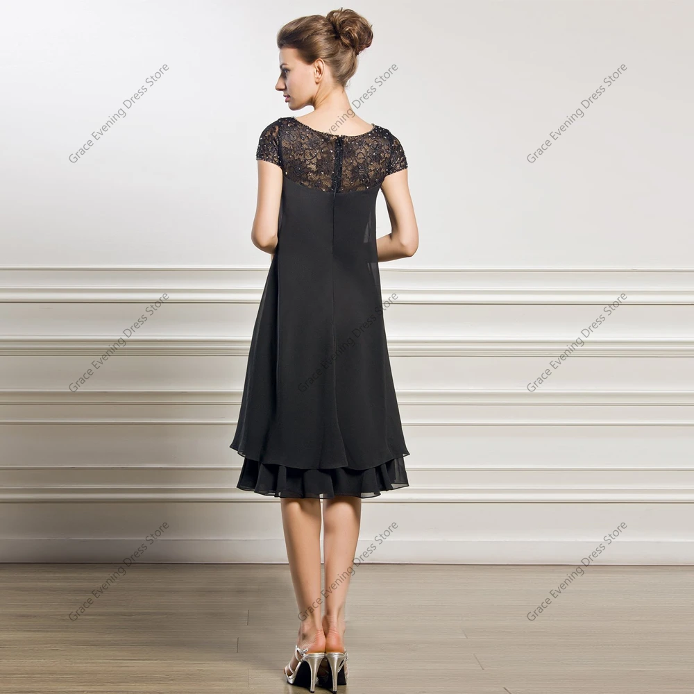 Simple Short Sleeves Black Mother of Bride Dresses for Women Summer Beadings Wedding Party Dresses Chiffon Robe De Soir&eacute;e