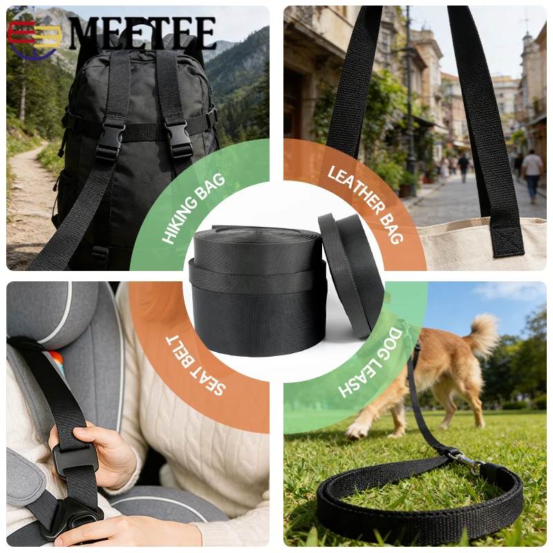 Durable Black Nylon Webbing Strap - Versatile 10m x 10-100mm Roll for DIY Projects & Accessories