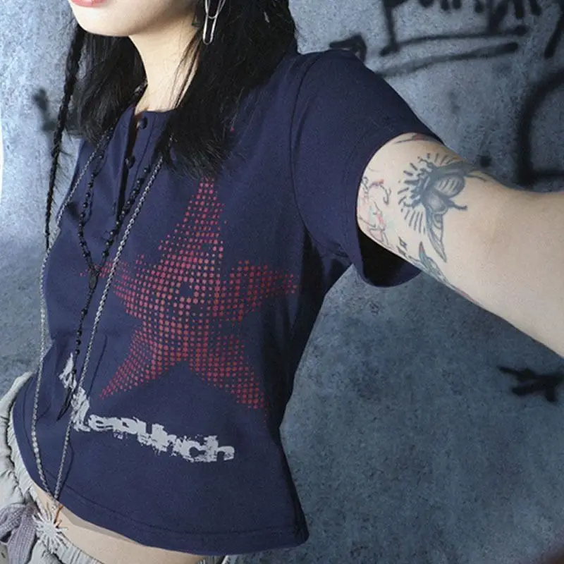 

Retro summer Y2k women's T-shirt star print punk style gothic street pattern cute and cool top button closure stitch y2k ins emo