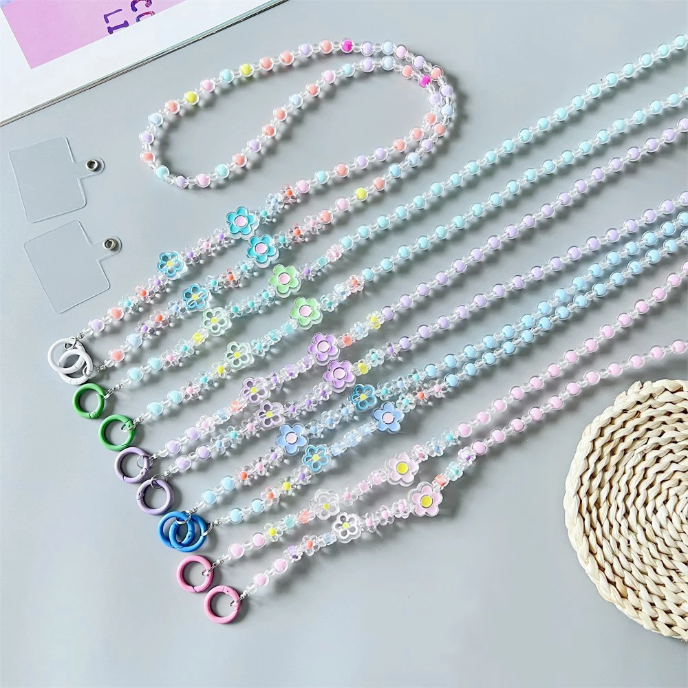 Long Crossbody Mobile Phone Lanyard with Small Flower Bead Pendant
