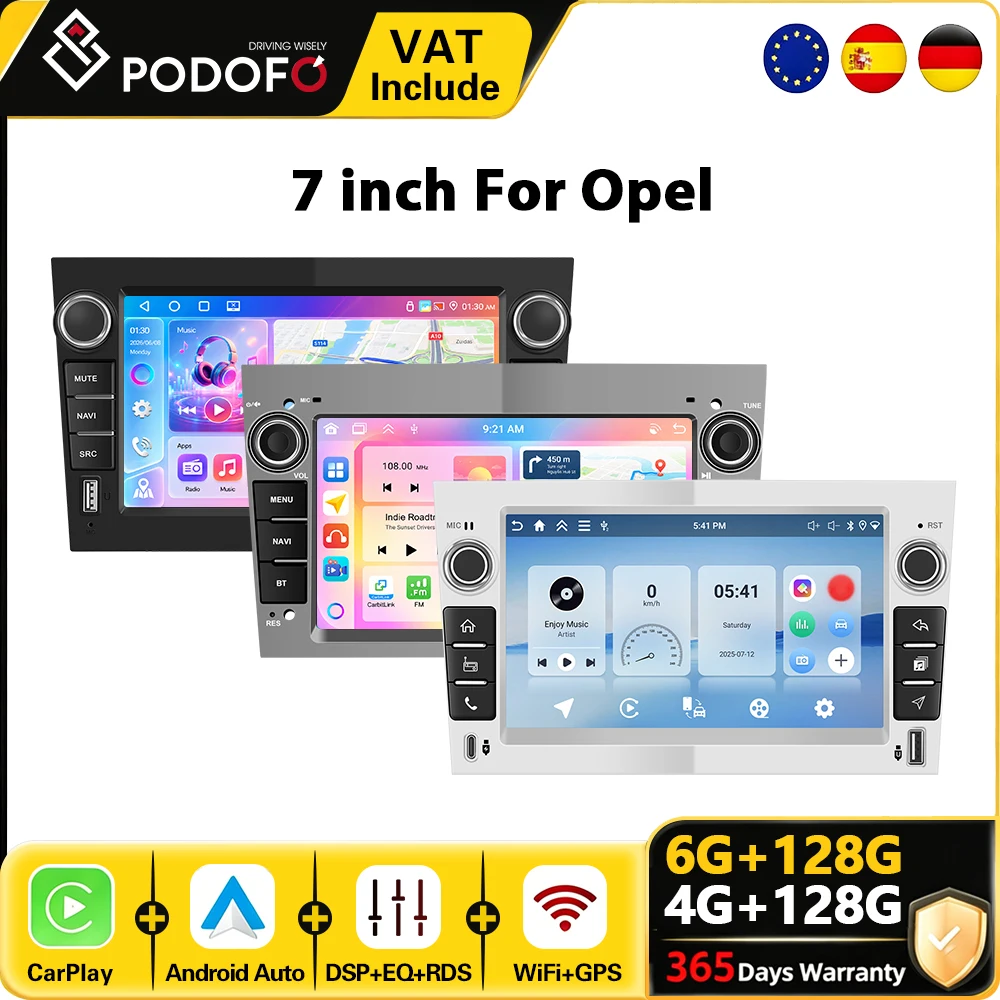 Radio para coche Podofo 6G+128G de 7 pulgadas con sistema Android para Opel Astra, Antara, Vectra, Corsa, Zafira, Meriva, Vivaro, Combo, Signum, Tigra, Twin Top, sistema inteligente para coche, CarPlay, Android Auto, estéreo para coche, GPS, WiFi, BT, reproductor multimedia para coche 1