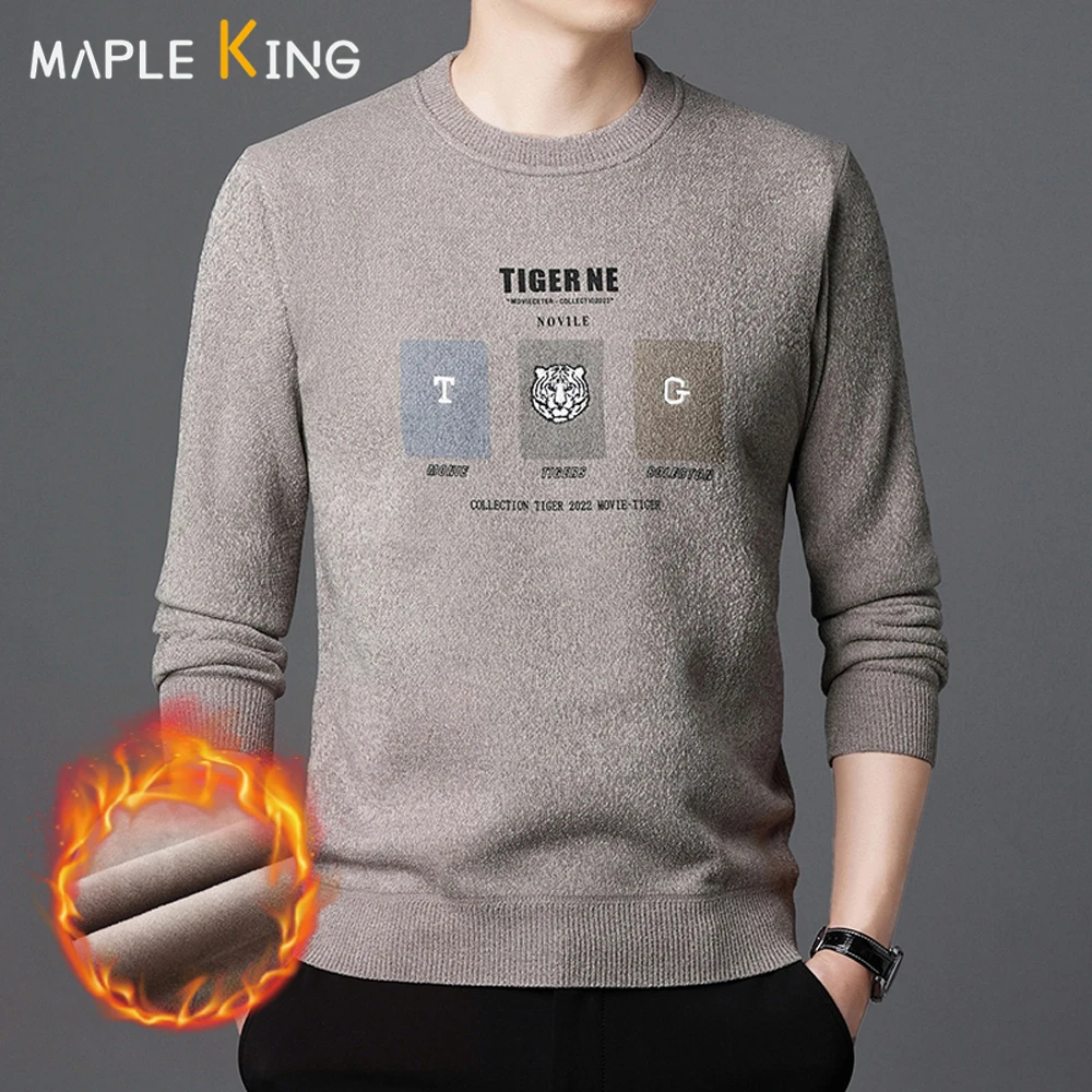 

Свитер мужской с вышивкой тигра, на флисе, с круглым вырезом