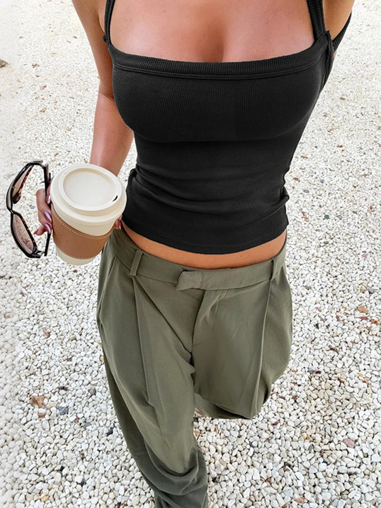 Ribbed Casual Tank Tops Woman Low-Neck Cross Strap Skinny Backless Navel Exposed Hot Girls High Street Style Classic Tops - 5