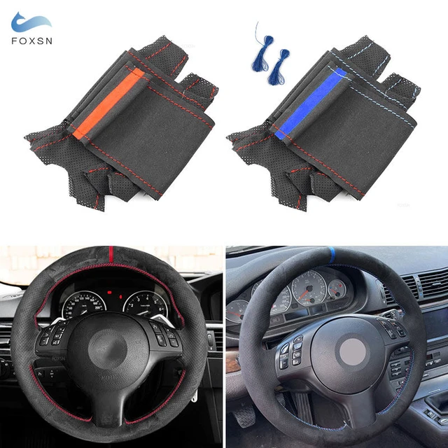 Funda de cuero Artificial para volante de coche, cosida a mano BMW E46 para  cubierta negra, M3, E39, 330i, 540i, 525i, 530i, 2001, 2002, 2003