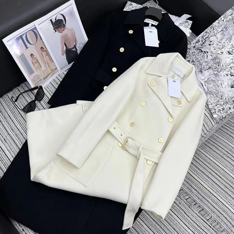 

Designer vintage lapel gold double breasted strap waist cashmere coat women's new autumn/winter fashion all-in-one tweed coat