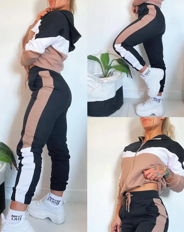 Two Piece Sports Suit 2023 Autumn Casual Long Sleeve Colorblock Hooded Sweatshirt & Pocket Design Sweatpants Pants set girls new sports shoes 2023 new colorblock daddy shoes soft bottom boys lightweight casual running shoes